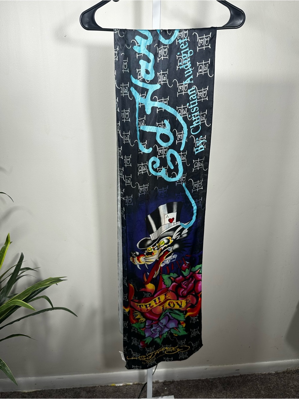 M26. Ed Hardy Christian Audigier True Till Death 100% Silk Scarf Y2K